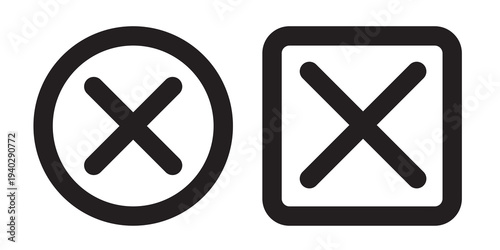 Close icon set in black and red color. close button in round and square shape with filled and outlined.