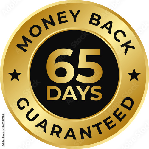 A premium golden money back guarantee badge featuring 65 Days and stars ideal for e-commerce websites and customer satisfaction promotions