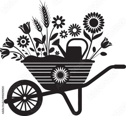 Garden wheelbarrow filled with plants and flowers vector illustration for gardening enthusiasts