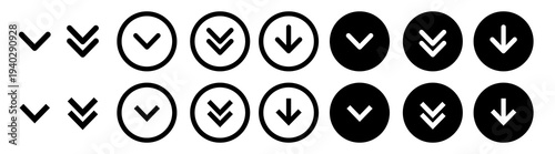 Down arrows set. Scroll downward vector icon set. Black simple arrow buttons set for apps or websites ui designs