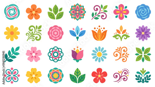 A diverse collection of colorful flowers and leaves arranged in a grid pattern from a direct overhead view