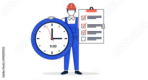 Illustration of a worker in blue overalls holding a large blue clock and a checklist