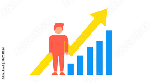 Man standing next to a rising bar graph with an upward trending arrow indicating business growth and success