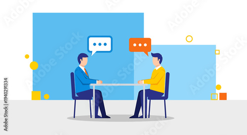 Two professionals engaged in a discussion in a modern office setting from a front viewpoint