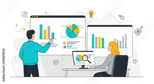 Two professionals analyzing data on large screens and computer in a modern office setting from a slightly elevated viewpoint