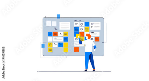A person presenting a colorful project plan on a large board in a collaborative workspace from a slightly angled viewpoint