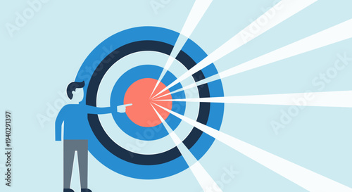 Man standing beside a giant target with an arrow hitting the bullseye, aiming for success and precision