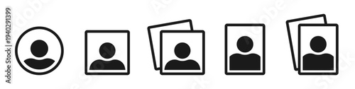 Default photo placeholder black icons set. Isolated user headshot profile avatar symbols on white background. Minimalist character portrait place holder picture. Vector illustration.