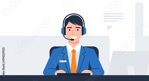 A customer service representative wearing a headset sits at a desk in a modern office environment.