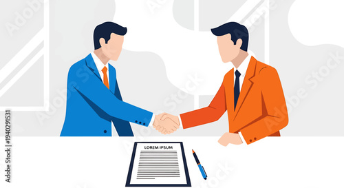 Two business professionals shaking hands over a contract on a white table with a pen