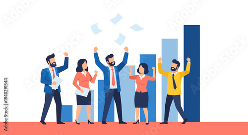 Diverse group of professionals celebrating success in front of a growing graph illustration