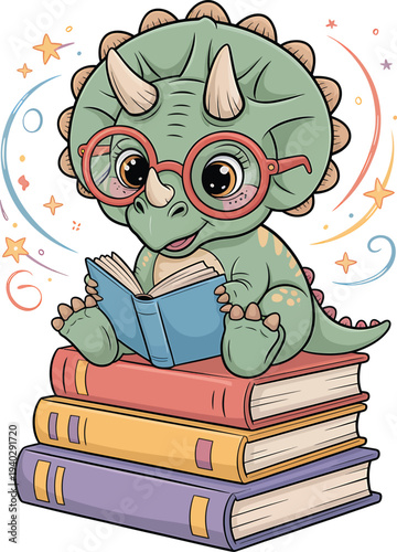 Cute dinosaur reading book with glasses and sparkles


