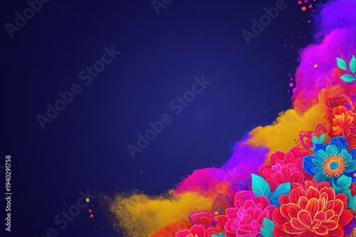 Happy Holi Festival Background with Vibrant Gulal Powder Splash and Floral Decorative Border on Dark Blue