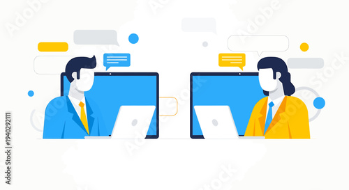 Two professionals collaborating on laptops with speech bubbles in a modern workspace environment from a frontal viewpoint