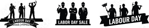 Labour day illustrations with silhouettes of workers and banners