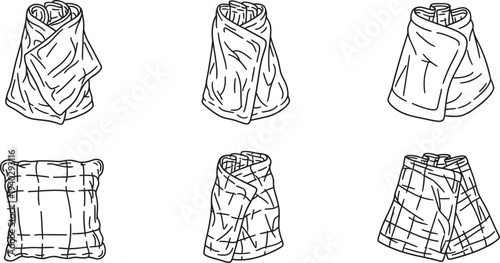 Collection of hand-drawn line art illustrations featuring various folded and rolled towels blankets and a pillow perfect for laundry home or comfort-themed designs