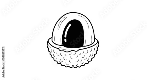 A simple black and white drawing of a kiwi fruit cut open to reveal its dark interior.