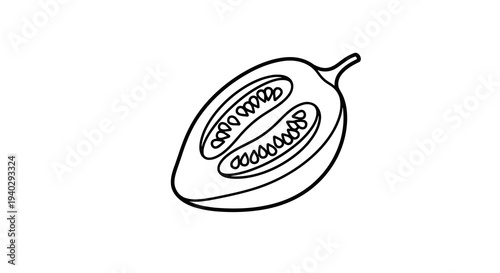 A simple line drawing of a fruit cut open to reveal its seeds inside.