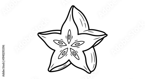 A simple line drawing of a starfruit slice with visible seeds and a pointed tip.