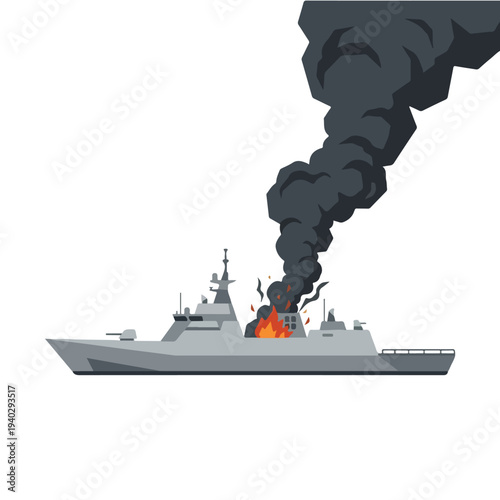 vector flat of a ship burning due to a missile attack o03