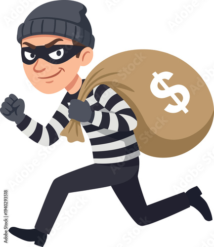 Sneaky Thief Running with Money Sack Vector | Burglar in Black Mask Beanie Carrying Dollar Bag