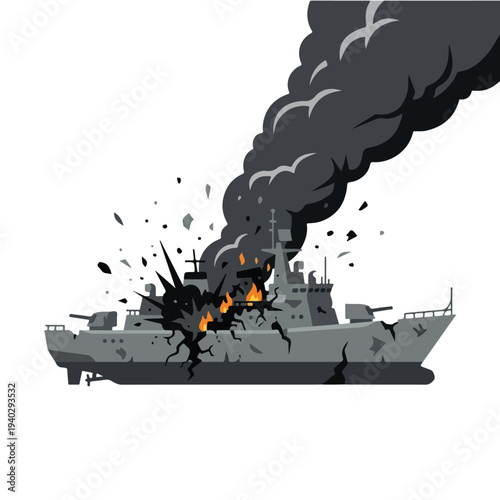 vector flat of a ship burning due to a missile attack o02