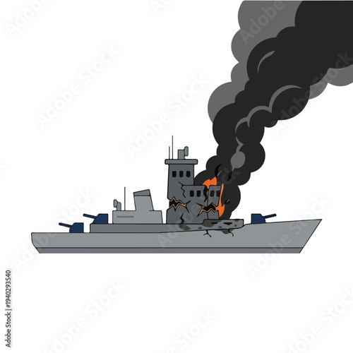 vector flat of a ship burning due to a missile attack 4
