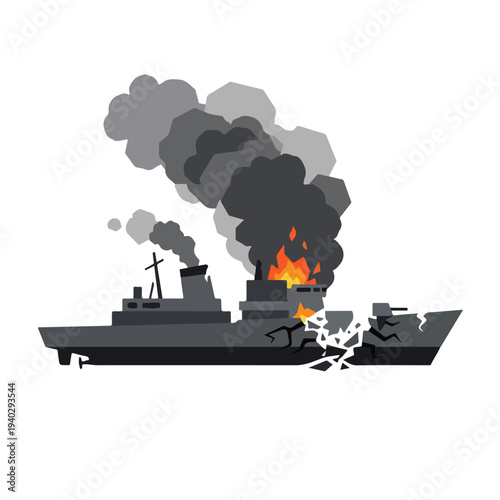 vector flat of a ship burning due to a missile attack 3