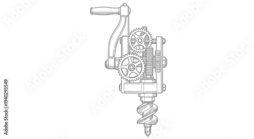 A detailed technical drawing of a manual hand drill with visible gears and spiral shaft.