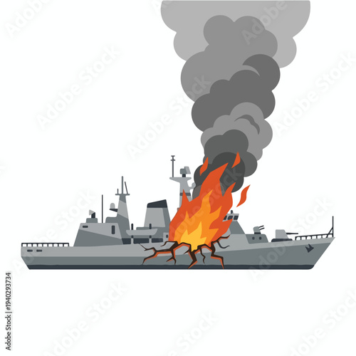 vector flat of a ship burning due to a missile attack 1