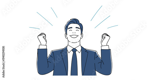 Successful professional man in a suit celebrates his latest achievement with clenched fists and a joyful expression of triumph in the office.