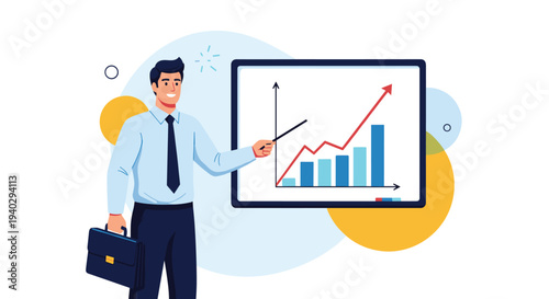 Confident businessman uses a pointer to explain a growing bar chart on a whiteboard during a professional presentation about company performance.