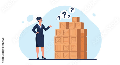 Concerned business woman stands next to a tall stack of wooden crates with question marks symbolizing logistics challenges and inventory issues.