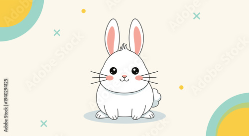 Cute white cartoon rabbit sits patiently on a light background decorated with simple geometric shapes perfect for easter or animal themes.