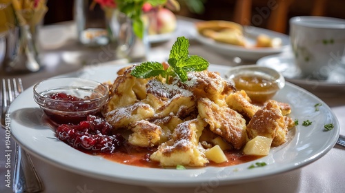 Plate of Kaiserschmarrn, with ripped pancakes, cranberry jam, and apple sauce, sits on a table.