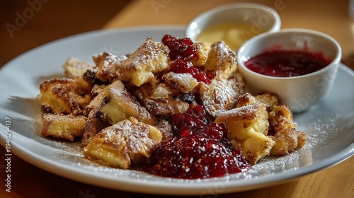 Plate of Kaiserschmarrn, with ripped pancakes, cranberry jam, and apple sauce, sits on a table.