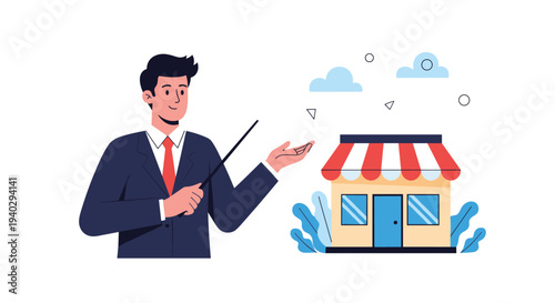 Entrepreneur points a stick towards his small retail store building signifying business ownership, local commerce, and the start of a new venture.