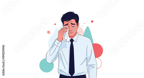 Sad businessman wipes his tears with a white handkerchief representing emotional distress, professional failure, or a difficult time at work.