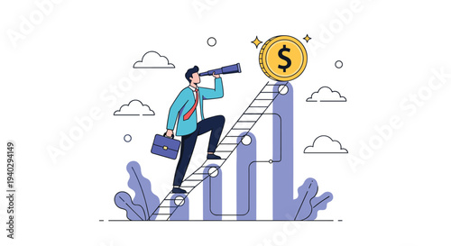 Ambitious businessman climbs a ladder on a bar chart while using a telescope to reach for a large golden coin representing financial targets.