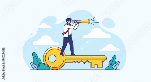 Innovative professional stands on a giant golden key and looks through a telescope to find the perfect solution for business growth and success.
