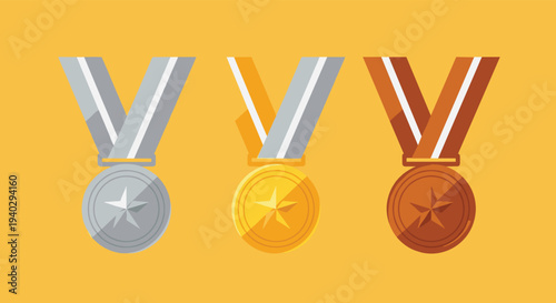 Trio of sports medals in gold, silver, and bronze on a yellow background represents the ranking of winners in a competitive event or tournament.