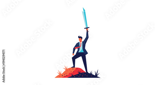 Heroic businessman stands on a small hill and holds a glowing sword high in the air to symbolize leadership, victory, and overcoming competition.