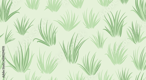 Seamless pattern of various green grass clumps on a light background creates a natural and refreshing texture for gardening and nature designs.