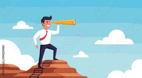 Determined businessman stands on top of a rocky hill and uses a telescope to look for new opportunities and future success in the clear sky.