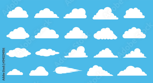 Diverse set of white cloud shapes on a bright blue background provides various options for weather, sky, or cloud computing metaphors and designs.