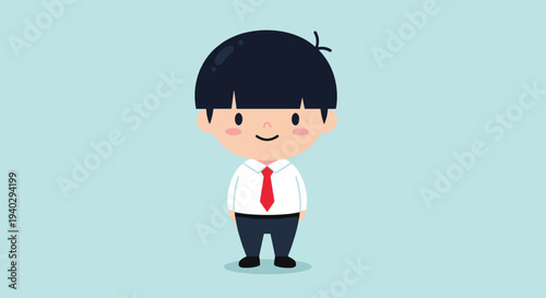 Cute cartoon boy dressed in a formal white shirt and a red tie stands politely on a light blue background representing a young student or professional.