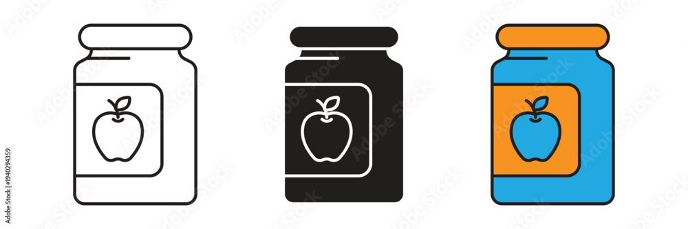 Obraz premium Glass jar of apple jam or baby food with a fruit label, representing organic preserves, healthy snacks, and grocery products.