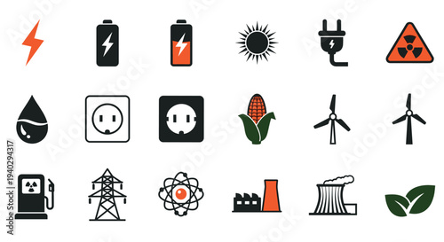 Comprehensive set of energy icons includes electricity, solar power, batteries, and fuel symbols for environmental and utility industry projects.