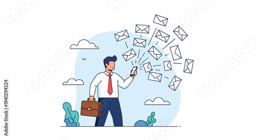 Businessman in white shirt and tie using mobile phone with multiple email envelopes floating in the air around him.