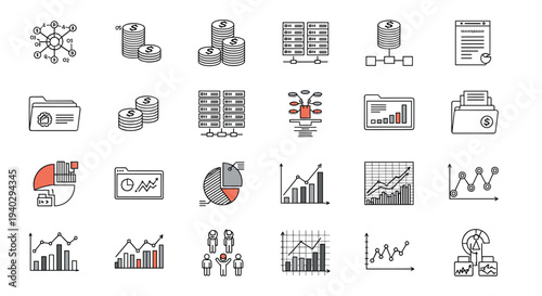 Large collection of business icons including financial charts, money stacks, folder management, and server database systems.